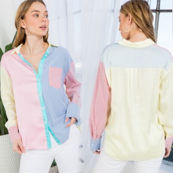 Color block striped button down long sleeve top - Picture 4 of 7